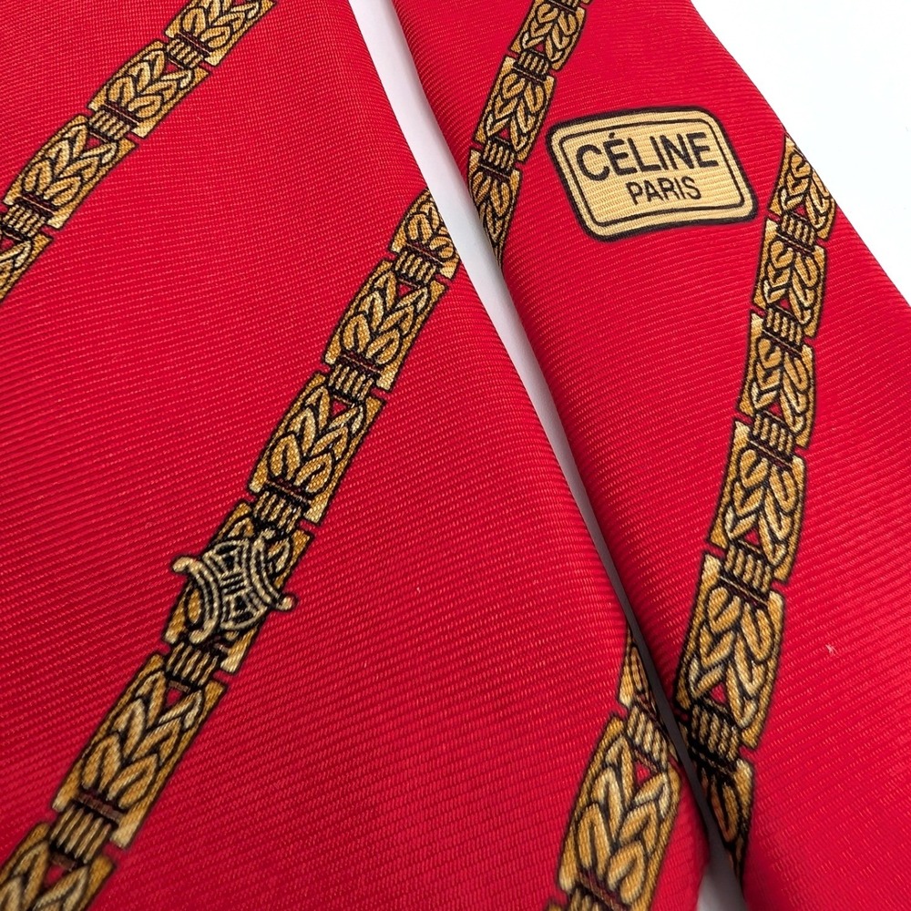 Celine Paris Silk Tie Red Gold Chain Link Stripe Made in Spain Luxury Necktie - Picture 2 of 7